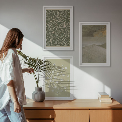 Set of 3 framed wall art pieces Abstract floral wavy patterns