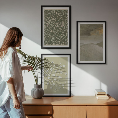Set of 3 framed wall art pieces Abstract floral wavy patterns