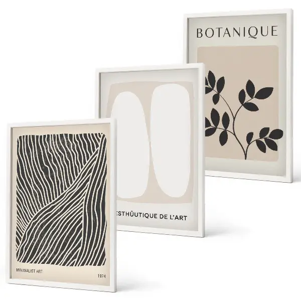 Set of 3 framed wall art pieces with plant patterns and lines