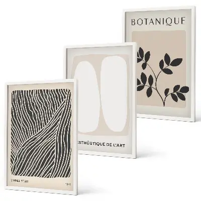 Set of 3 framed wall art pieces with plant patterns and lines