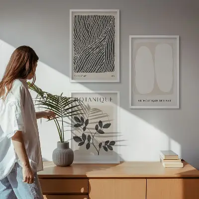 Set of 3 framed wall art pieces with plant patterns and lines