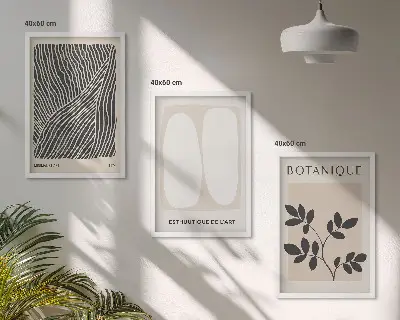 Set of 3 framed wall art pieces with plant patterns and lines