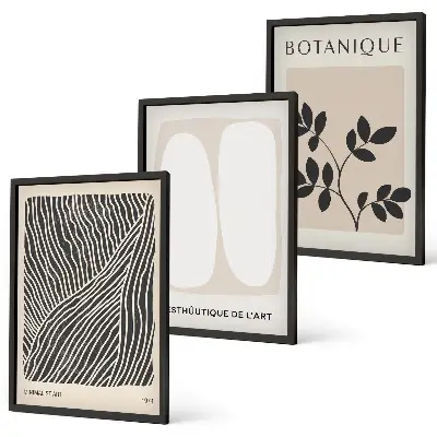 Set of 3 framed wall art pieces with plant patterns and lines