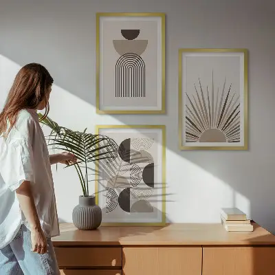 Three-piece wall art set abstract shapes in beige and brown