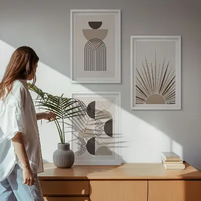Three-piece wall art set abstract shapes in beige and brown