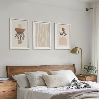 Set of 3 framed wall art pieces with abstract brown and beige shapes