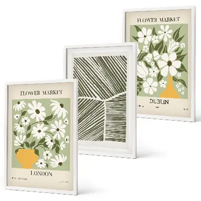 Three-piece floral wall art set featuring London and Dublin patterns