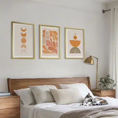 Abstract orange shapes wall art set of 3 framed pieces