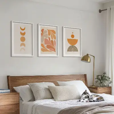 Abstract orange shapes wall art set of 3 framed pieces