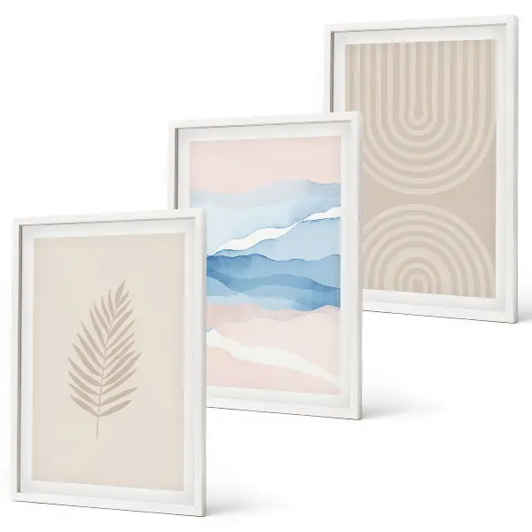 Three-piece wall art set beige and blue leaves and waves design