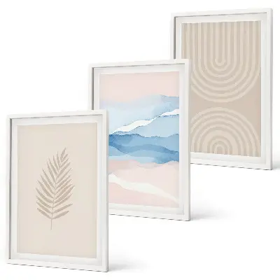 Three-piece wall art set beige and blue leaves and waves design
