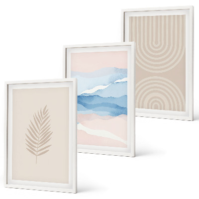 Three-piece wall art piece Leaves waves beige blue