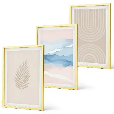 Three-piece wall art set beige and blue leaves and waves design