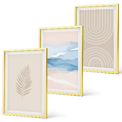Three-piece wall art piece Leaves waves beige blue