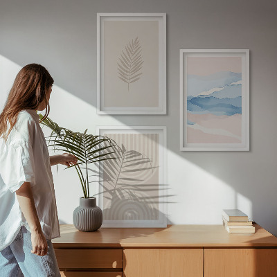 Three-piece wall art piece Leaves waves beige blue
