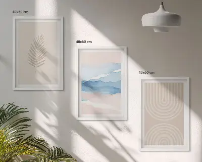 Three-piece wall art set beige and blue leaves and waves design