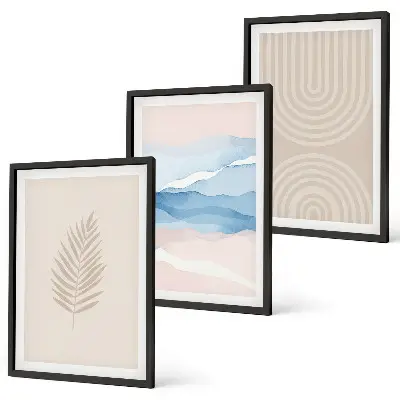 Three-piece wall art set beige and blue leaves and waves design