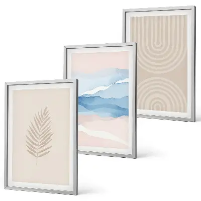 Three-piece wall art set beige and blue leaves and waves design