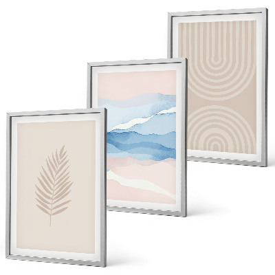 Three-piece wall art piece Leaves waves beige blue