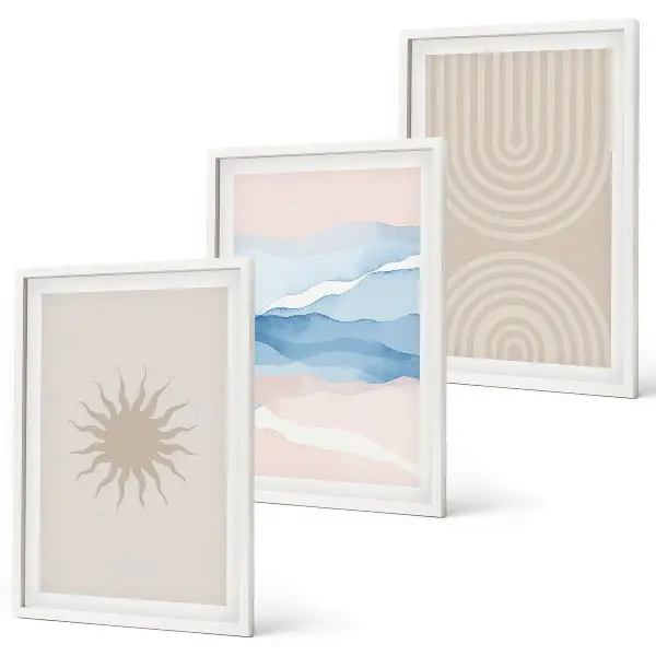 Sun waves abstract lines pastel wall art set of 3 framed pieces