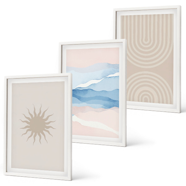 Set of 3 framed wall art pieces Sun waves abstract lines pastel