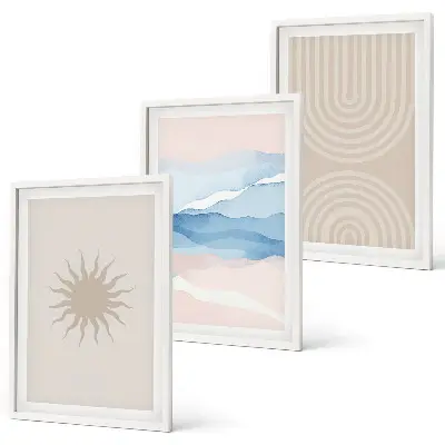 Sun waves abstract lines pastel wall art set of 3 framed pieces
