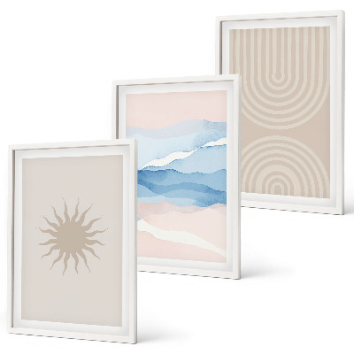 Set of 3 framed wall art pieces Sun waves abstract lines pastel