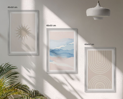 Set of 3 framed wall art pieces Sun waves abstract lines pastel