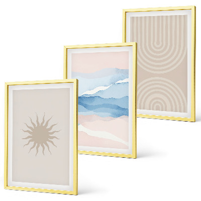 Set of 3 framed wall art pieces Sun waves abstract lines pastel