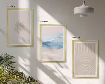 Set of 3 framed wall art pieces Sun waves abstract lines pastel