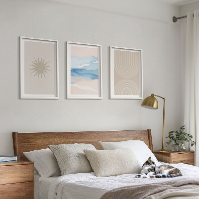 Set of 3 framed wall art pieces Sun waves abstract lines pastel