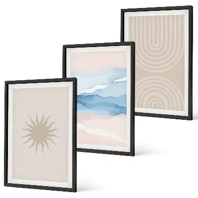 Sun waves abstract lines pastel wall art set of 3 framed pieces