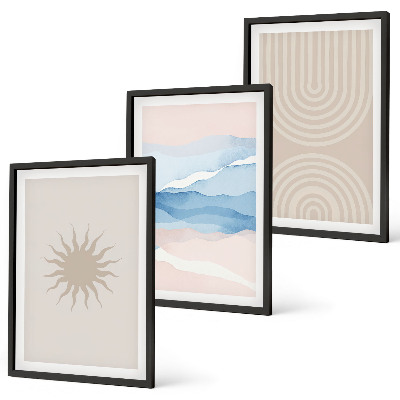 Set of 3 framed wall art pieces Sun waves abstract lines pastel