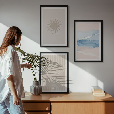 Set of 3 framed wall art pieces Sun waves abstract lines pastel