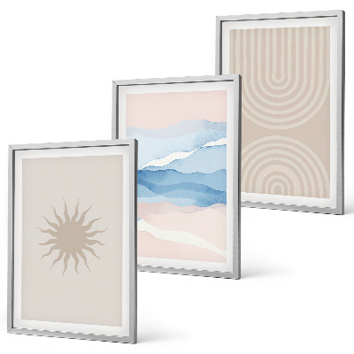 Set of 3 framed wall art pieces Sun waves abstract lines pastel