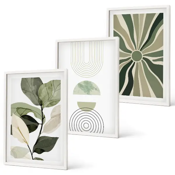 Set of 3 framed wall art pieces with plant and geometric greenery motifs