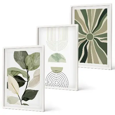 Set of 3 framed wall art pieces with plant and geometric greenery motifs