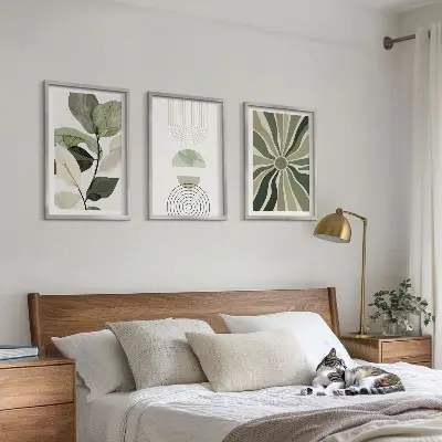 Set of 3 framed wall art pieces with plant and geometric greenery motifs