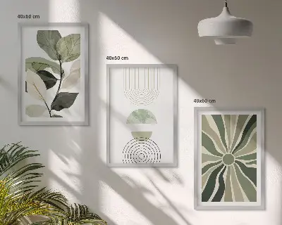 Set of 3 framed wall art pieces with plant and geometric greenery motifs