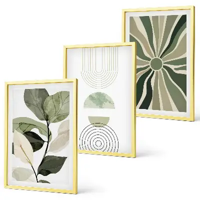 Set of 3 framed wall art pieces with plant and geometric greenery motifs