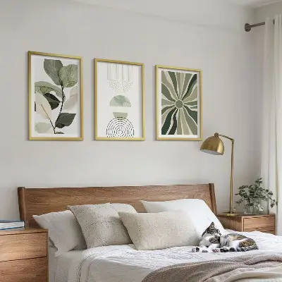 Set of 3 framed wall art pieces with plant and geometric greenery motifs