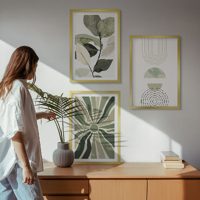 Set of 3 framed wall art pieces Plant motifs, geometry, greenery
