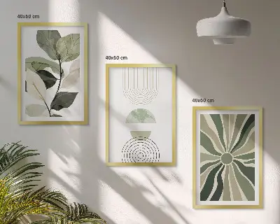 Set of 3 framed wall art pieces with plant and geometric greenery motifs
