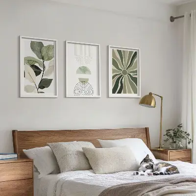 Set of 3 framed wall art pieces with plant and geometric greenery motifs
