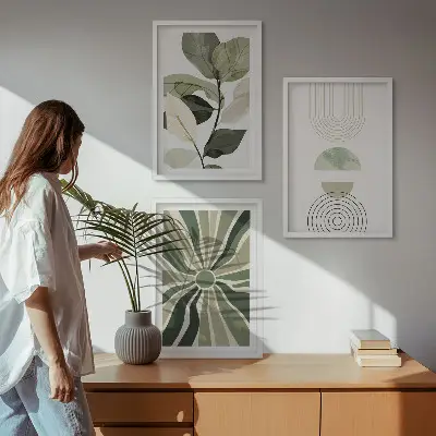 Set of 3 framed wall art pieces with plant and geometric greenery motifs