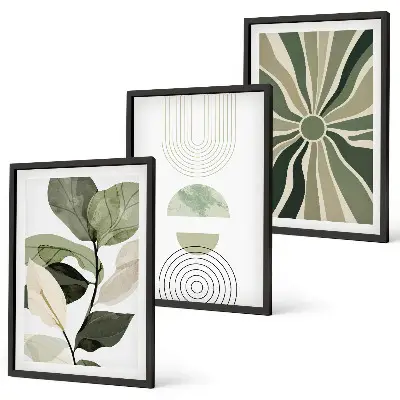 Set of 3 framed wall art pieces with plant and geometric greenery motifs