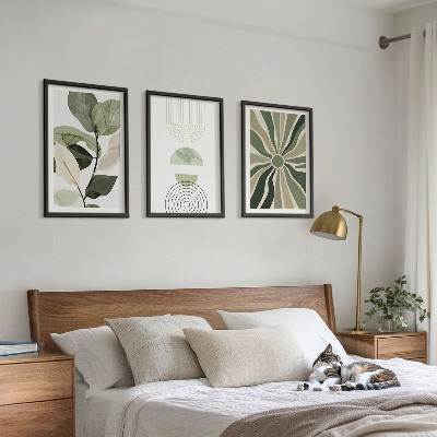 Set of 3 framed wall art pieces Plant motifs, geometry, greenery