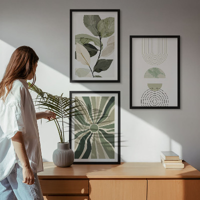 Set of 3 framed wall art pieces Plant motifs, geometry, greenery