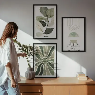 Set of 3 framed wall art pieces with plant and geometric greenery motifs