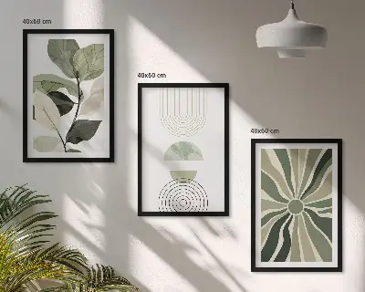 Set of 3 framed wall art pieces with plant and geometric greenery motifs